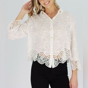 White Cropped Embellished Blouse with Mandarin Collar. 100% cotton